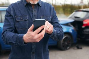 A man typing a phone number into his iPhone to call a personal injury lawyer for advice after causing a car accident without insurance.